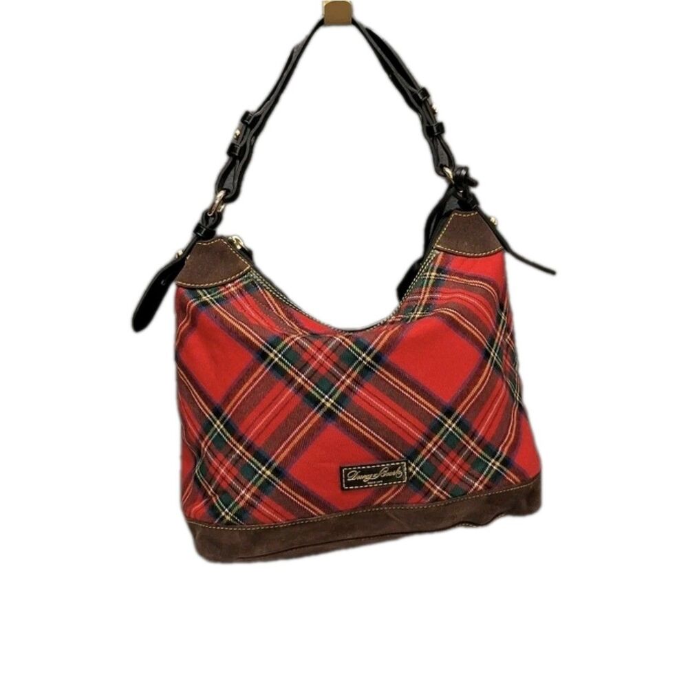 DOONEY & BOURKE Red TARTAN PLAID ZIP TOP HANDBAG BLK LEATHER TRIM Tassel S/M EXC